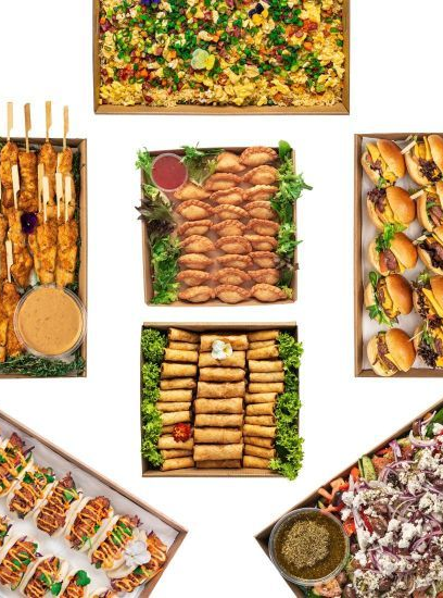Canapés arranged on a dark serving tray